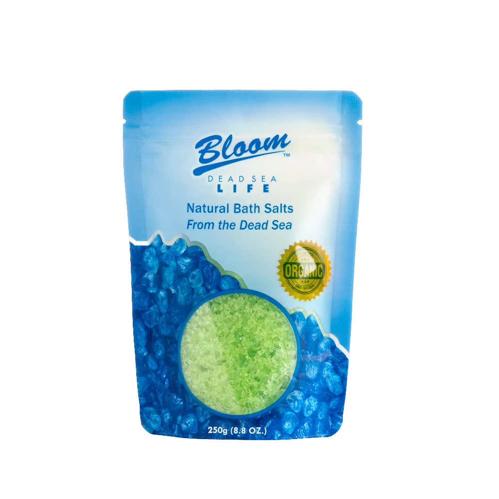 Green Menthol Dead Sea Bath Salt Bags, offering a refreshing and cooling experience with natural minerals for revitalizing the skin.