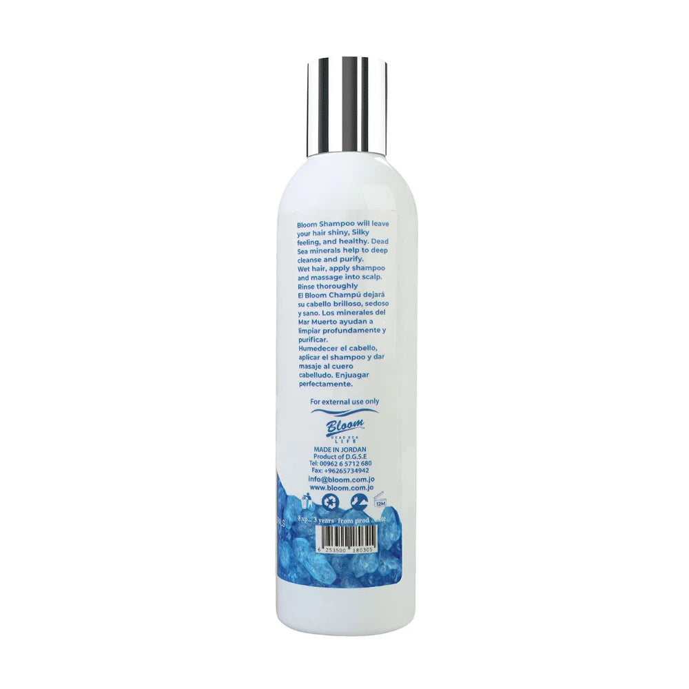 "Bloom Dead Sea Shampoo - Natural mineral formula for deeply cleansed, hydrated, and revitalized hair."