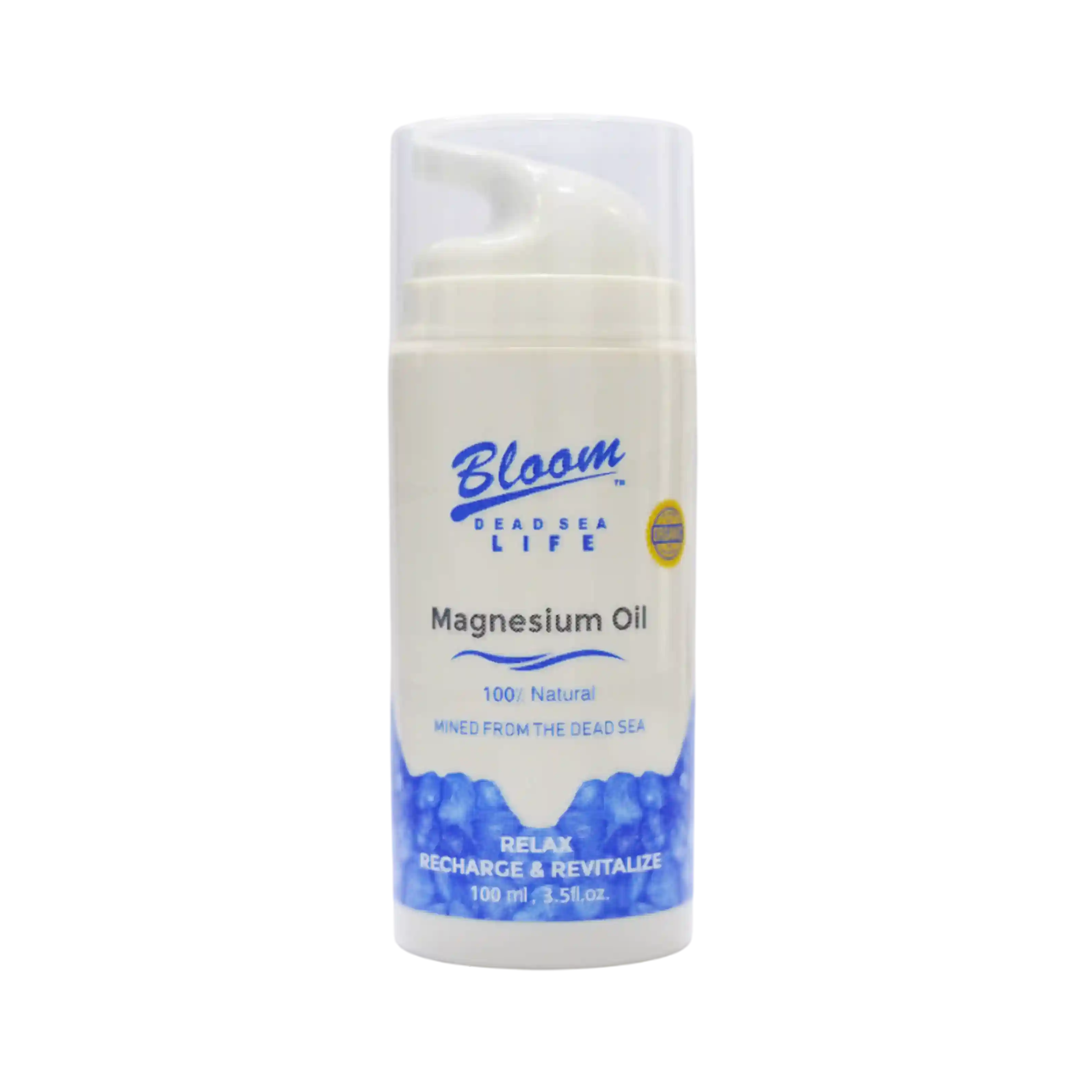 Bottle of Bloom Dead Sea Life Organic Dead Sea Magnesium Oil, featuring natural magnesium-rich formula for skin relief and relaxation.