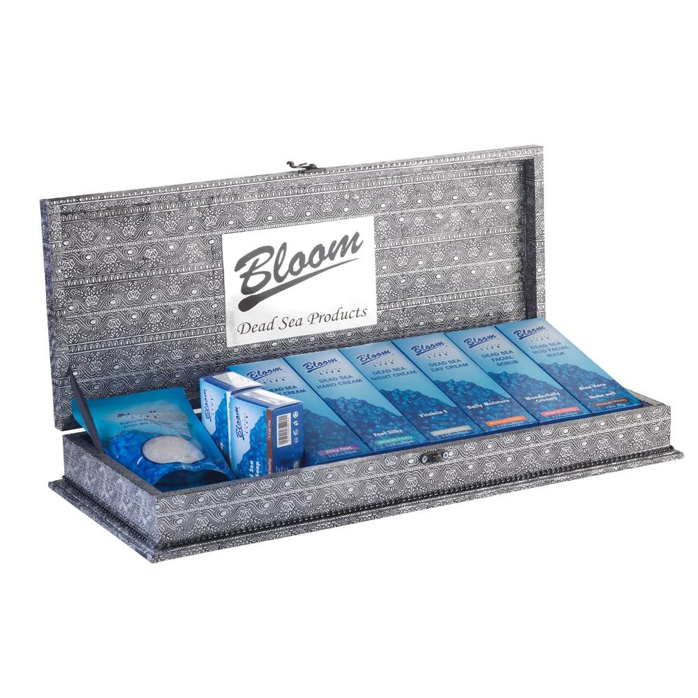 Silver Gift Box by Bloom featuring a complete Dead Sea skincare collection including facial mask, bath salts, scrubs, and creams.