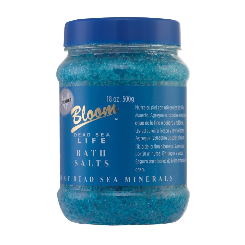 Blue Lavender Dead Sea Bath Salt in a 500g jar, designed to detoxify and hydrate the skin while offering a serene lavender aroma.