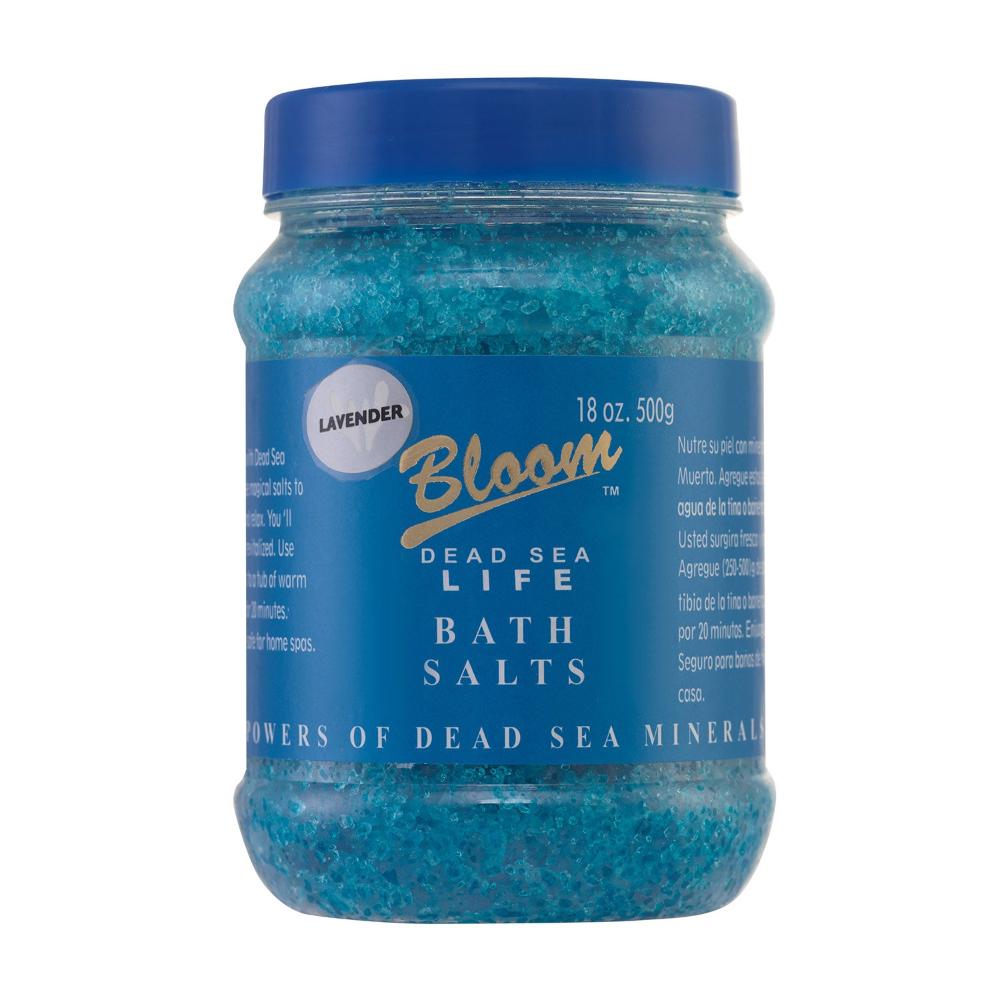 Blue Lavender Dead Sea Bath Salt 500g jar, enriched with soothing lavender and minerals for a relaxing bath experience.