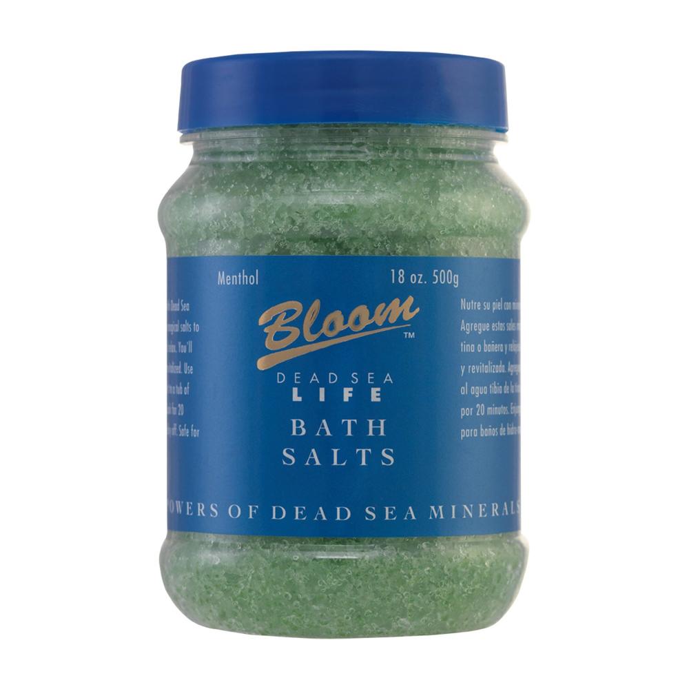 Green Menthol Dead Sea Bath Salt 500g Jar, infused with menthol and enriched with Dead Sea minerals for a refreshing and soothing bath experience.