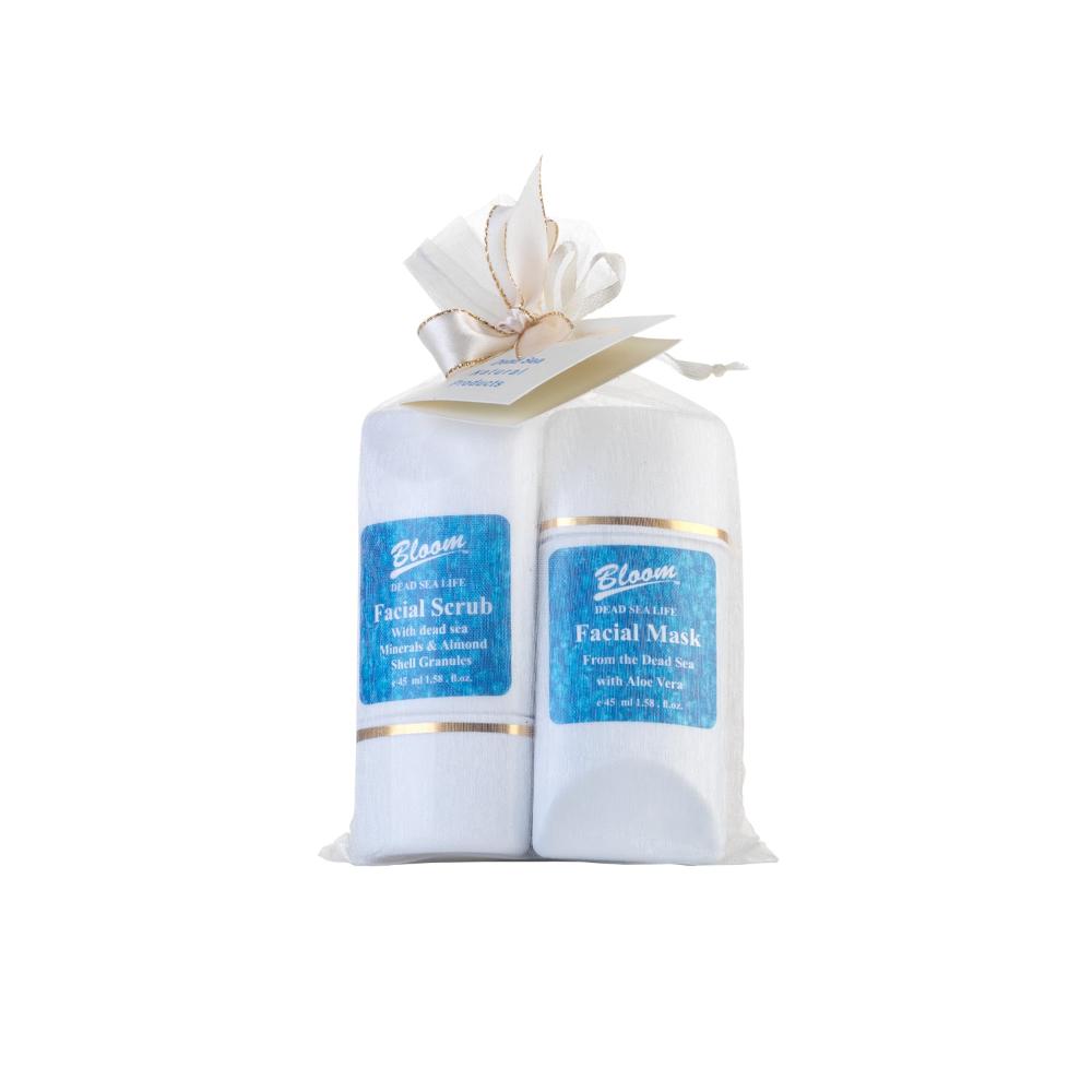 Bloom Dead Sea Organza Kit featuring a Facial Mask, Moisturizer, Scrub, and Bath Salts for a luxurious skincare experience.