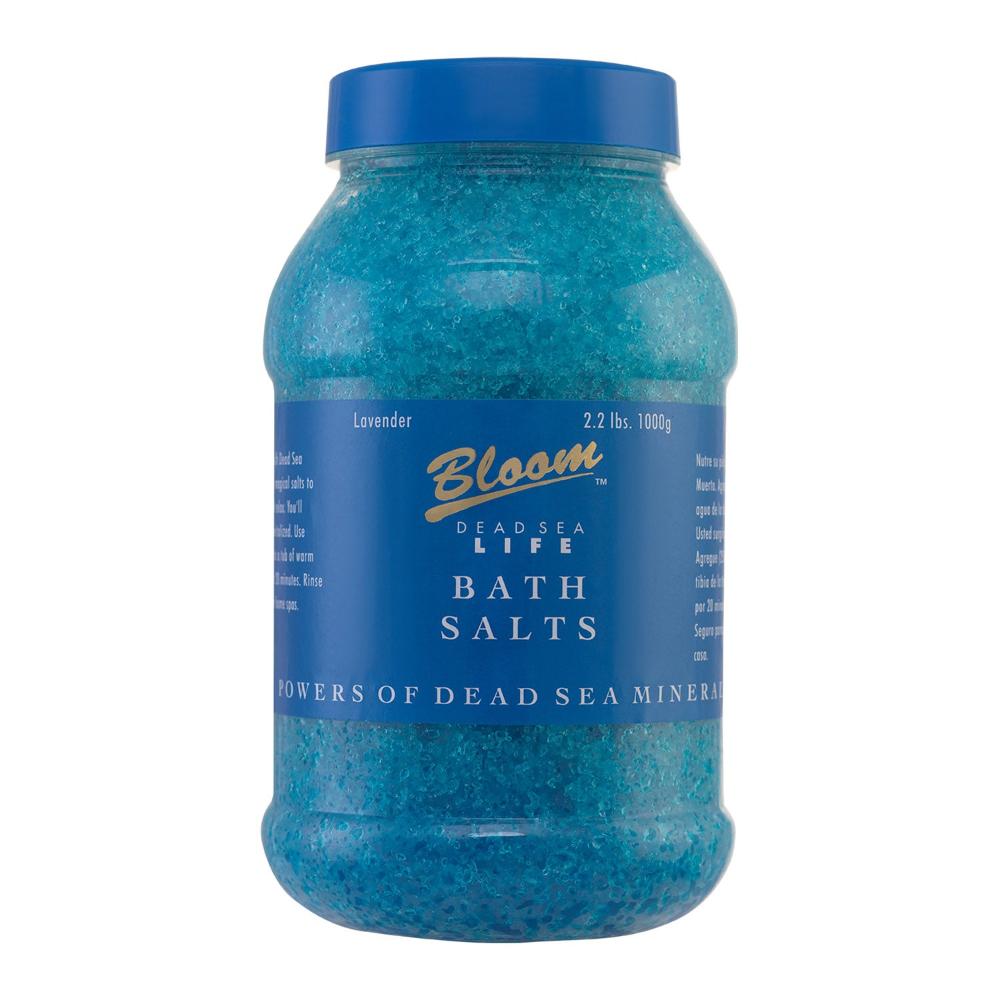 Blue Lavender Dead Sea Bath Salt in a 1.1 lbs jar, infused with lavender and minerals for a soothing, rejuvenating bath experience.